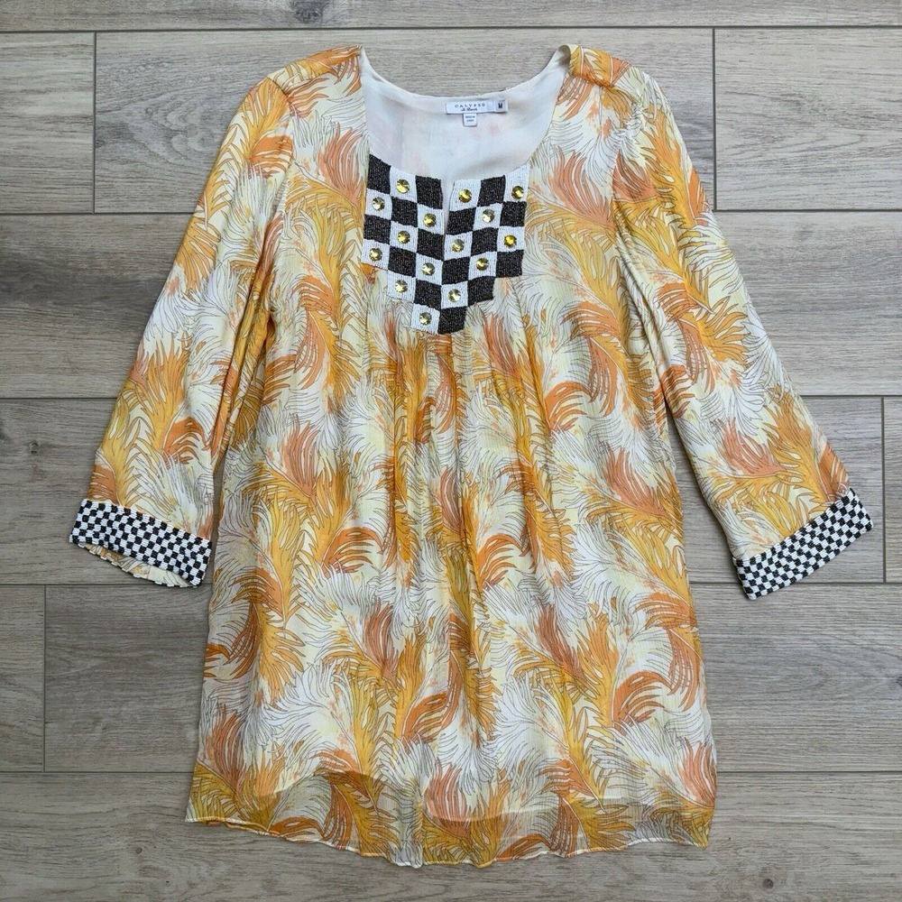 Calypso st Barth Beaded Silk Split Neck Tunic Blouse Tropical Luxury Womens Med